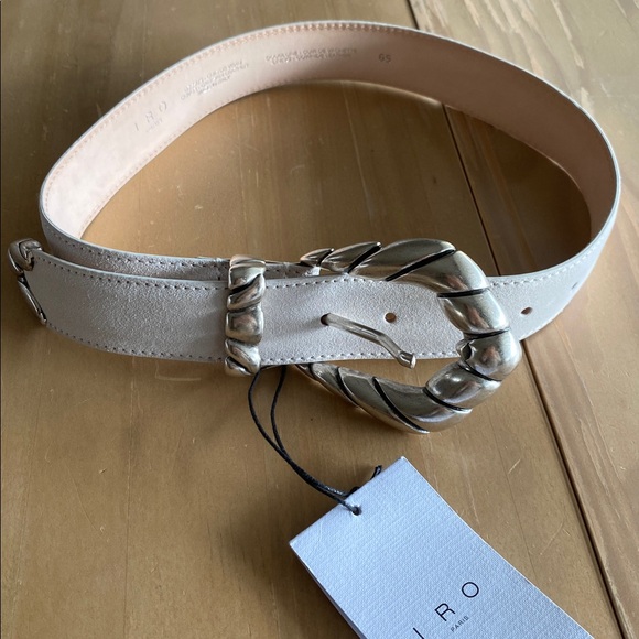 IRO Embella Suede Leather Belt With Sculpted Buckle Size 65 Cream Silver Western